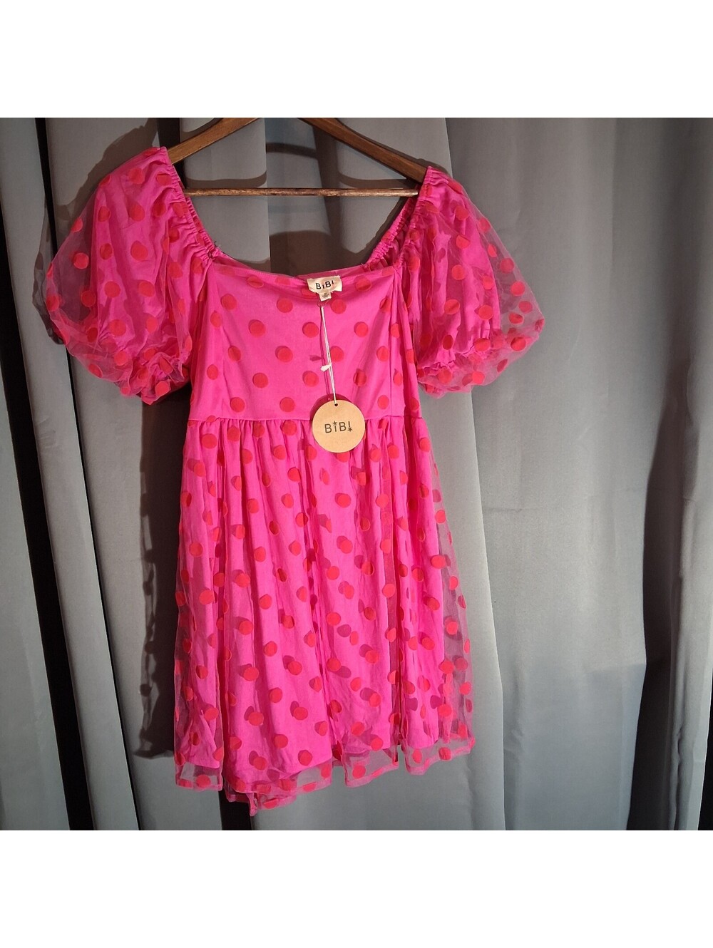 BiBi Pink and Red Polka Dot Puff Sleeve Dress Size M